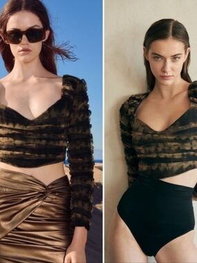 ZARA CORSETRY ANIMAL PRINT MESH TULLE LONG SLEEVE CROP TOP SizeS